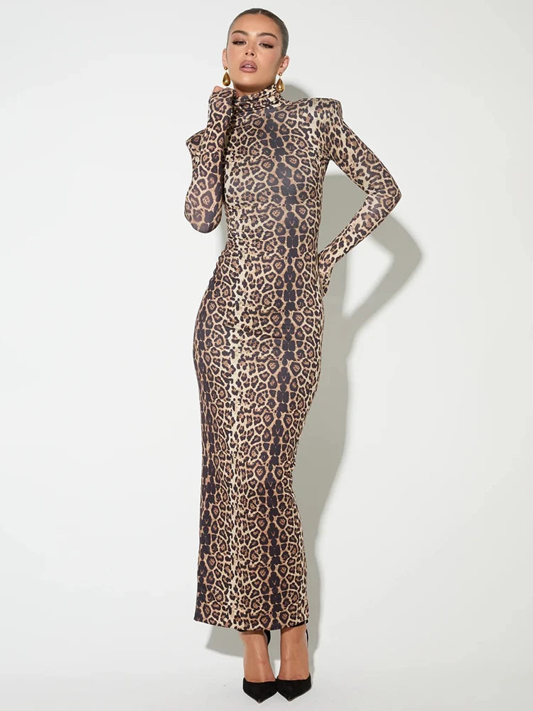Leopard Long Sleeve Maxi Dress Turtleneck ed Bodycon Long Dress