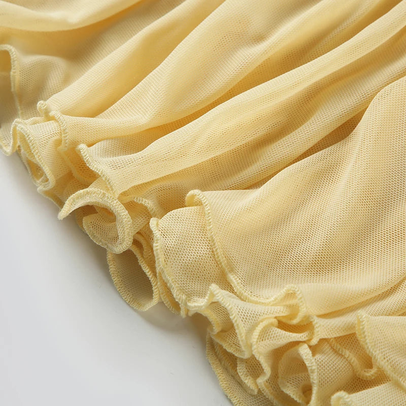 Yellow Flower Pleated Ruffles Low-Waist Mini Skirt