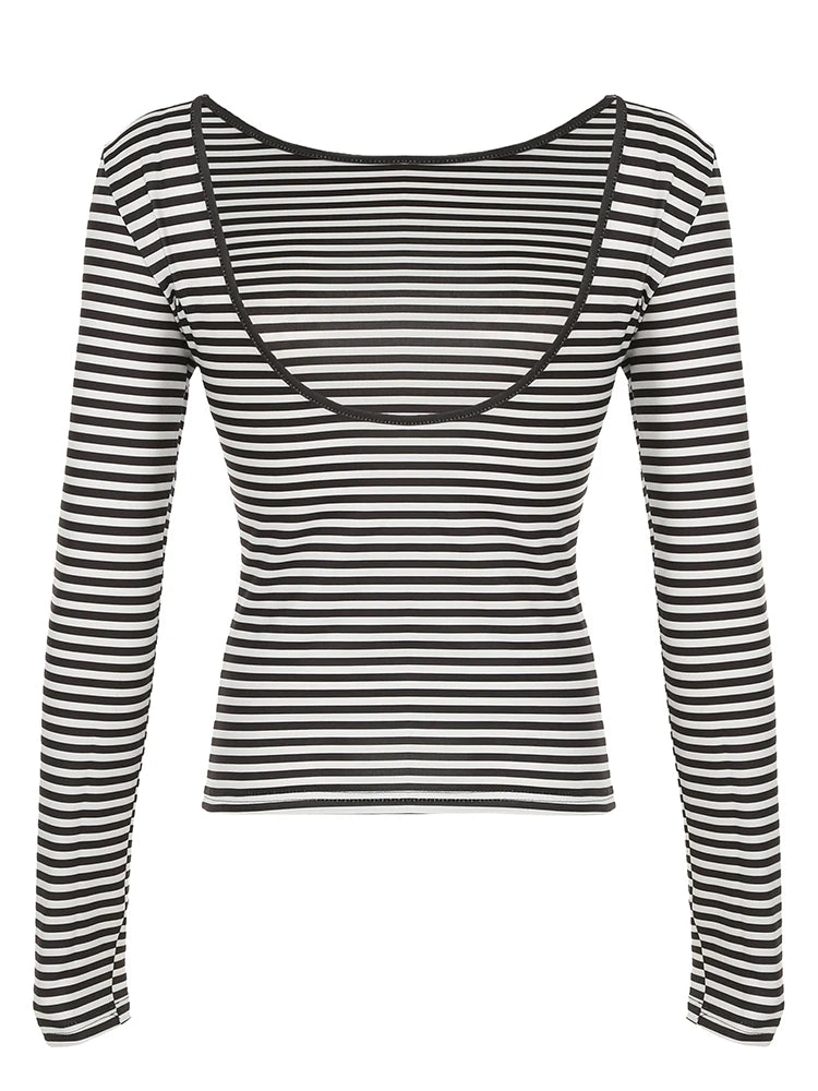 Backless Striped Print Slim Tee Shirts Long Sleeves Tees