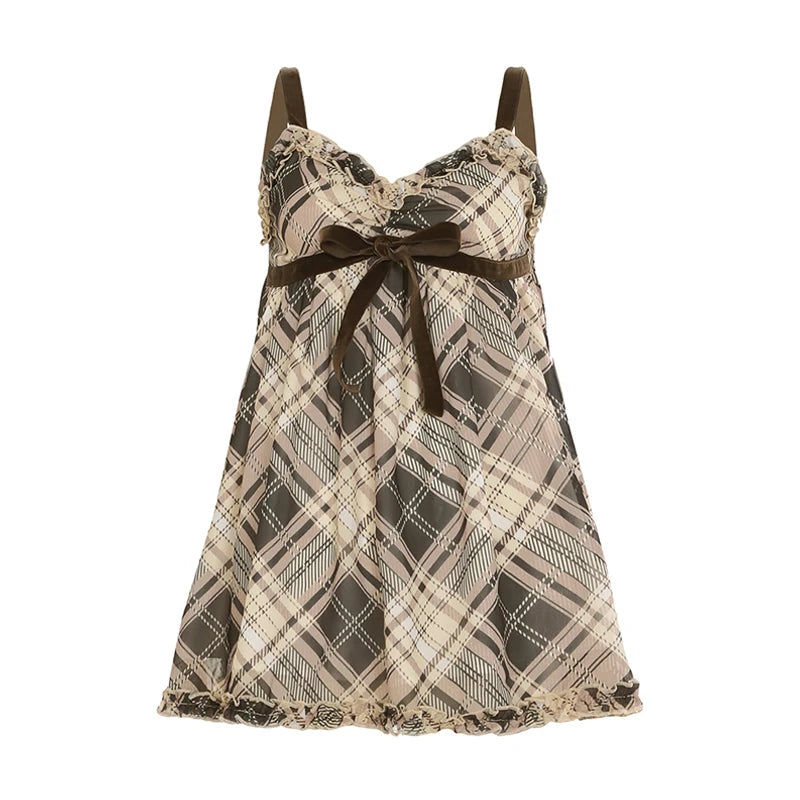 Plaid Print Camisole Ruched A-line Top Sleeveless Retro