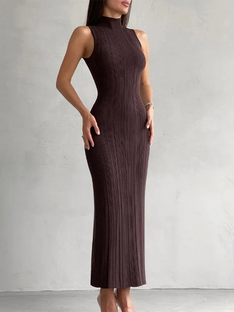 Sleeveless Knit Turtleneck Long Dress Slim Ribbed Knit Dress Maxi Dress