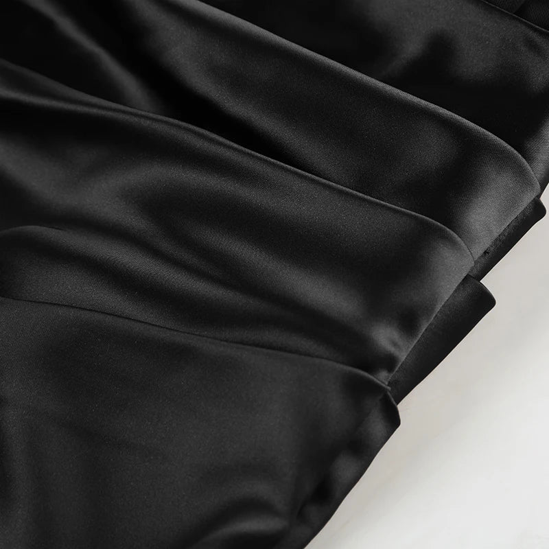 Patchwork Mesh Satin Dress See Through Slim Slash Neck Sleeveless Maxi