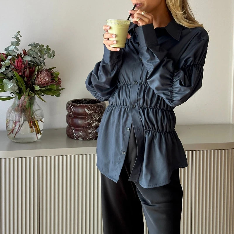 Blouse Tops Ladies Shirt Scrunched Button Up Long Sleeve Turn Down Collar T-shirt