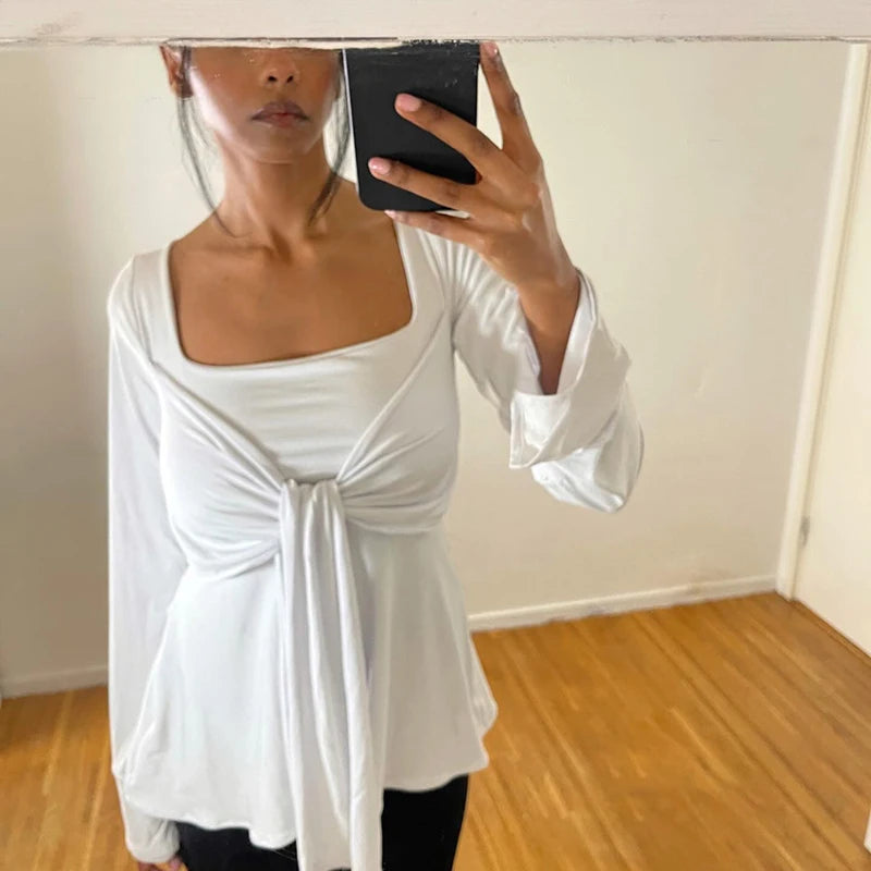 Square Neck With Bow Tie Flare Long Sleeve Top