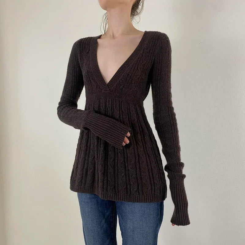 Knitted Sweaters Long Sleeves Slim s Loose Hem Brown Pull Top