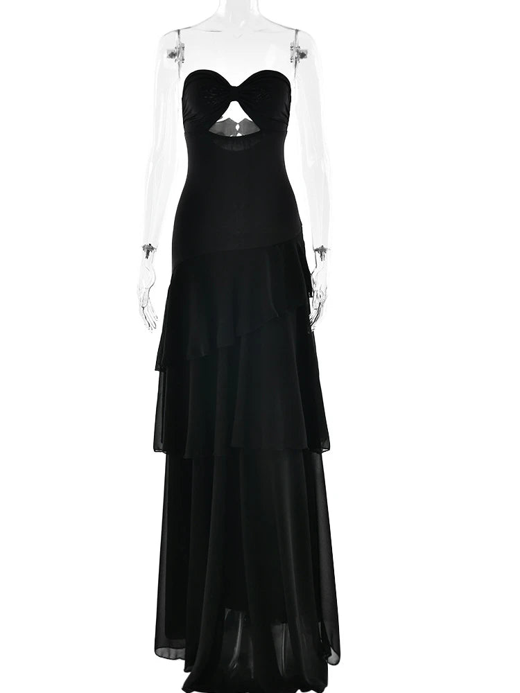 Strapless Hollow Out Maxi Dress Black Sleeveless High Waist Dress