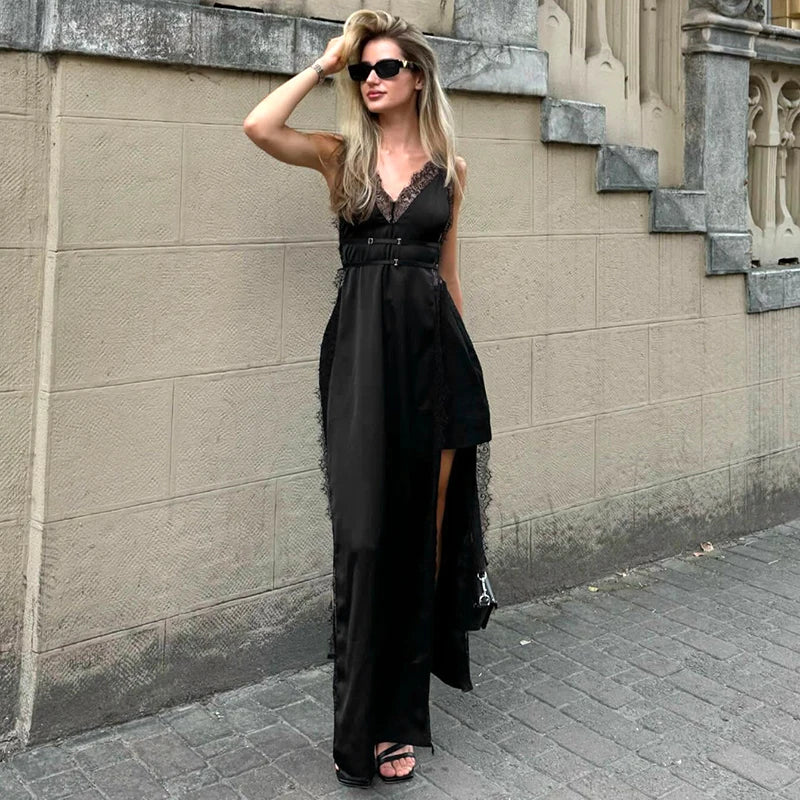 Sleevele Lace Patchwork Sling Split Dress