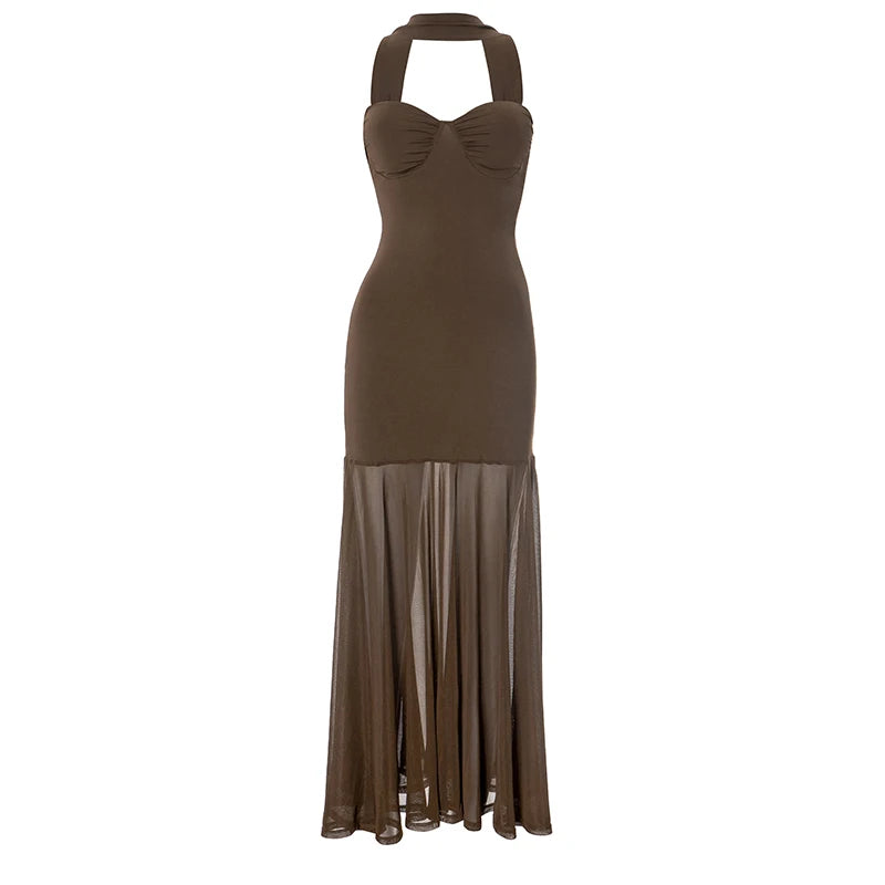'S Color Sleeveless Split Mesh Patchwork Hanging Neck Strapless A-Line Pleated Hem Dress