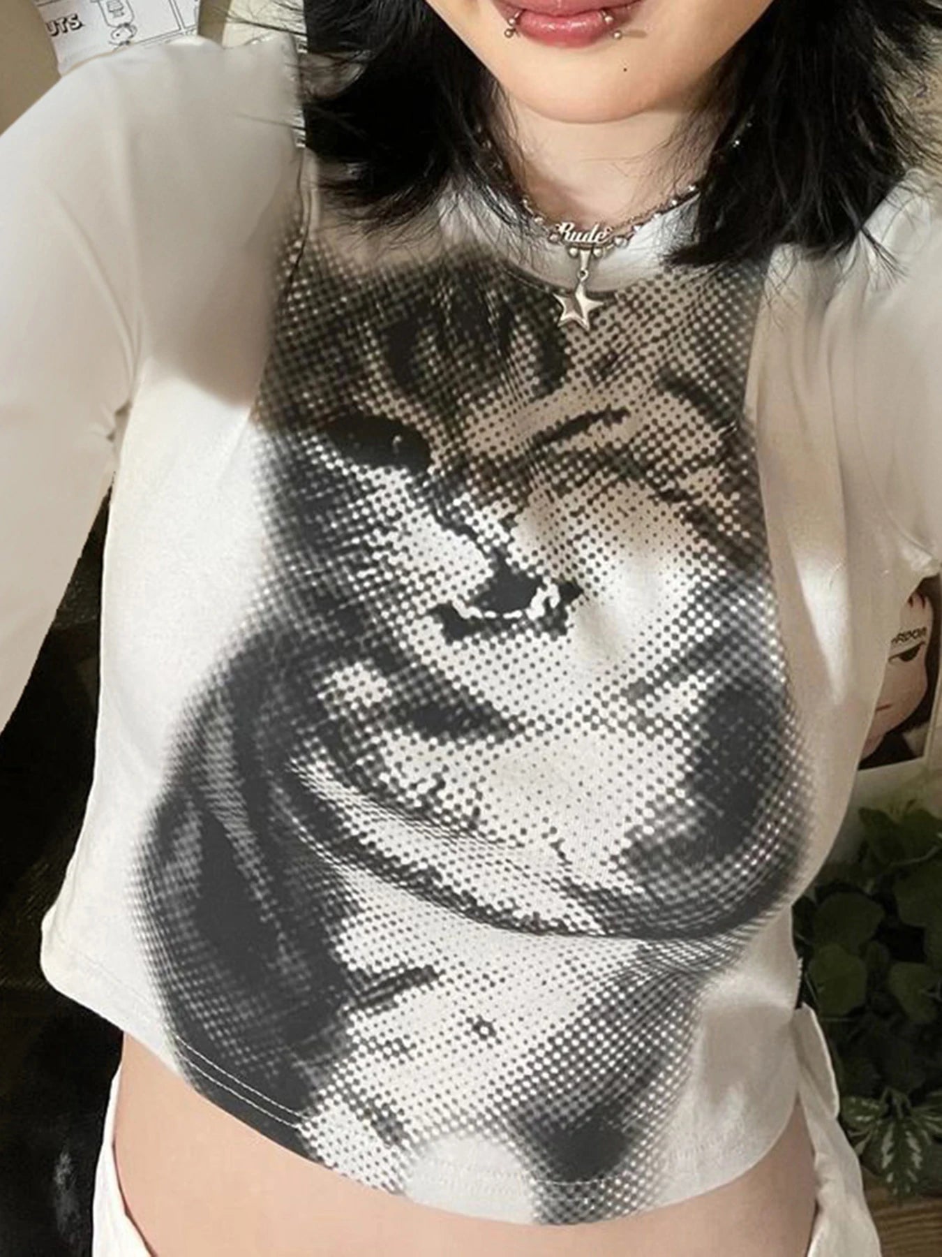 Cartoon Cat Crop Tee Long Sleeve Fairycore Tee