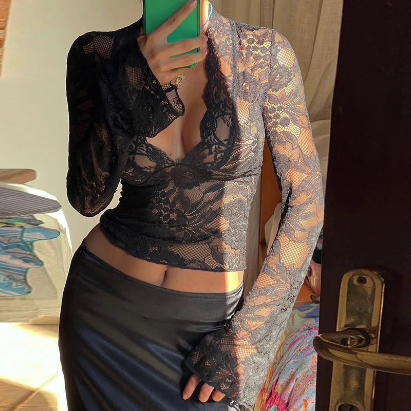 Lace Sheer Flared Sleeve Top