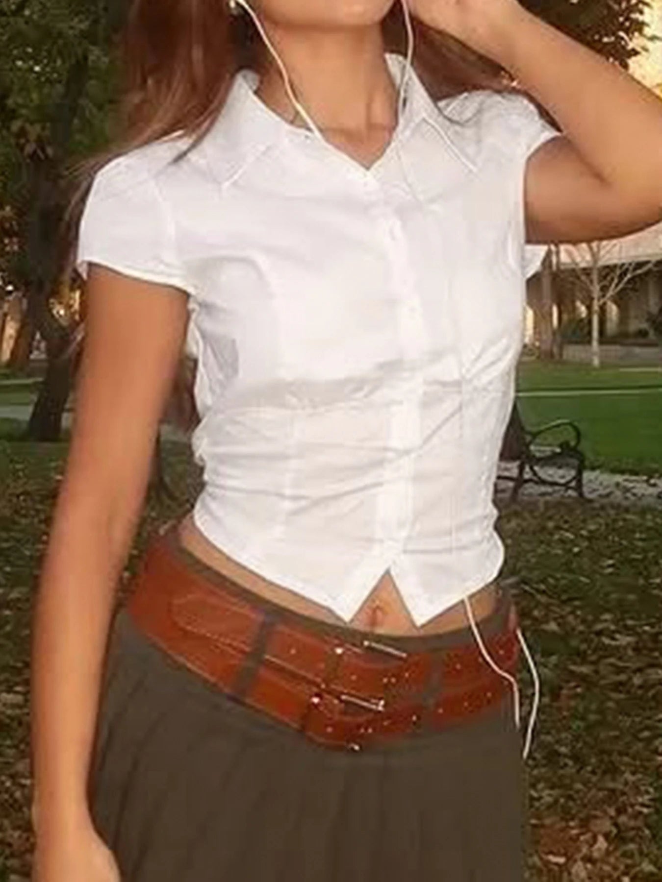 White Crop Blouses Turn-down Neck Shirts Button Up