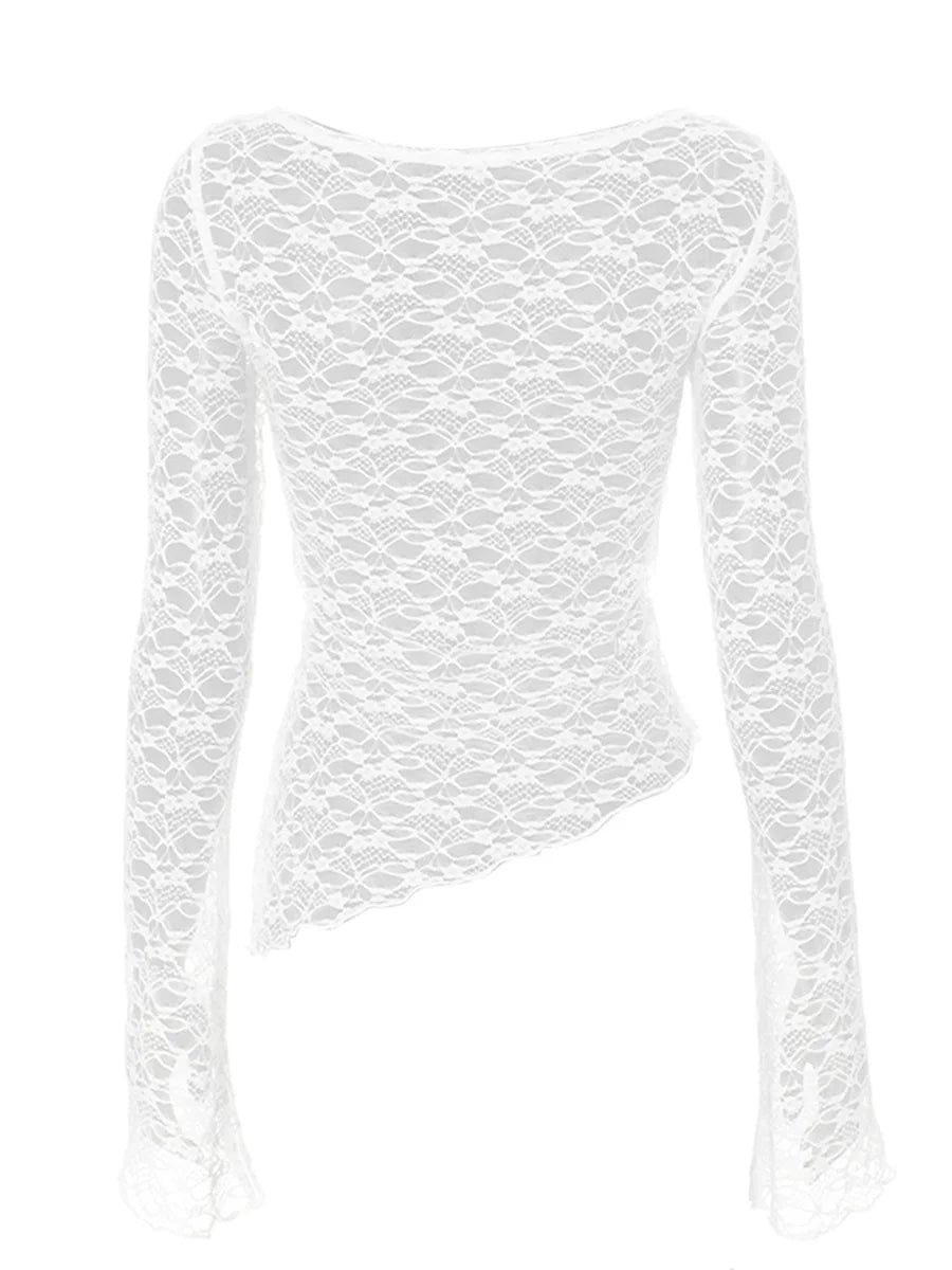 Lace Long Sleeve T Shirts Knitted Perspective Tees Tops Street Slim T-Shirt