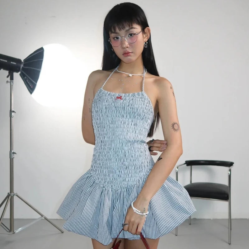 Striped Halter Ruched Off Shoulder Mini Dress Backless Dress