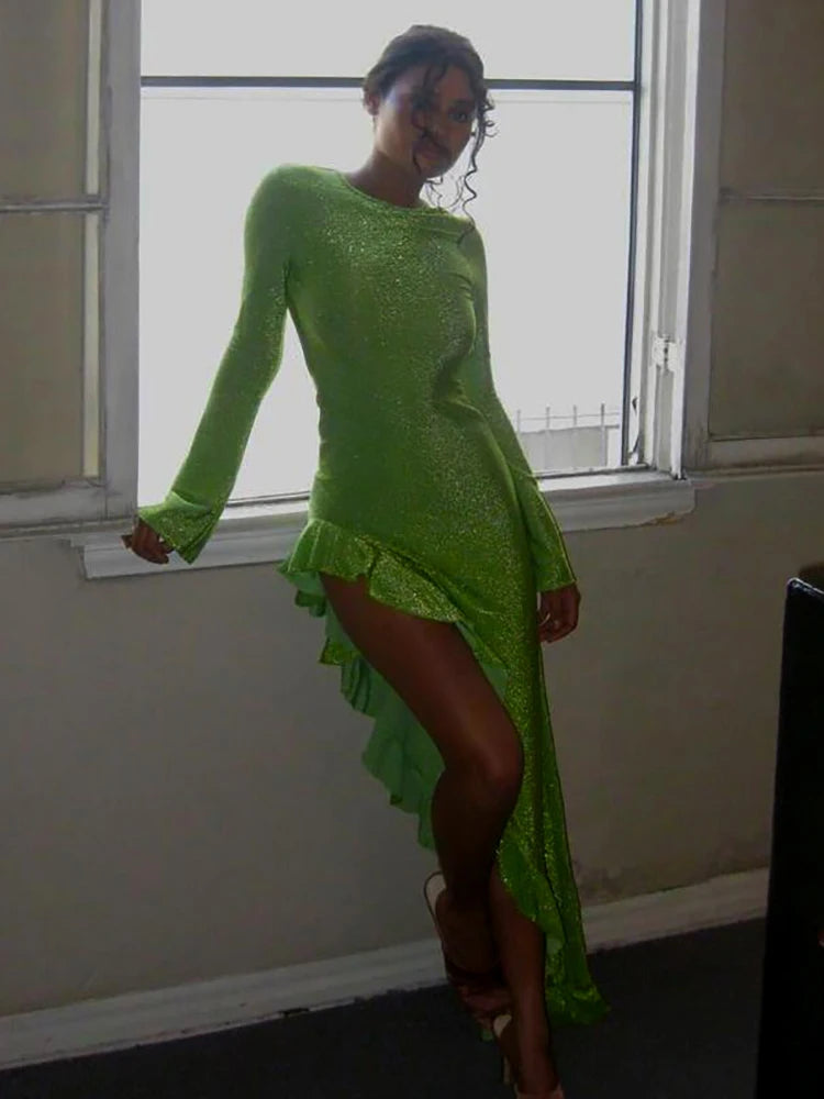 Backless Bright Silk Shiny Maxi Dress Green Long Sleeve Dress