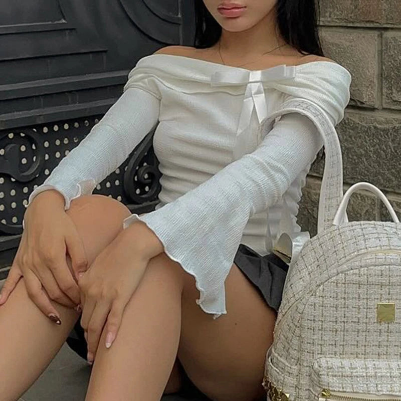 Lace-up 's White Tee Shirts Slash Neck Slits Top Slim Daily