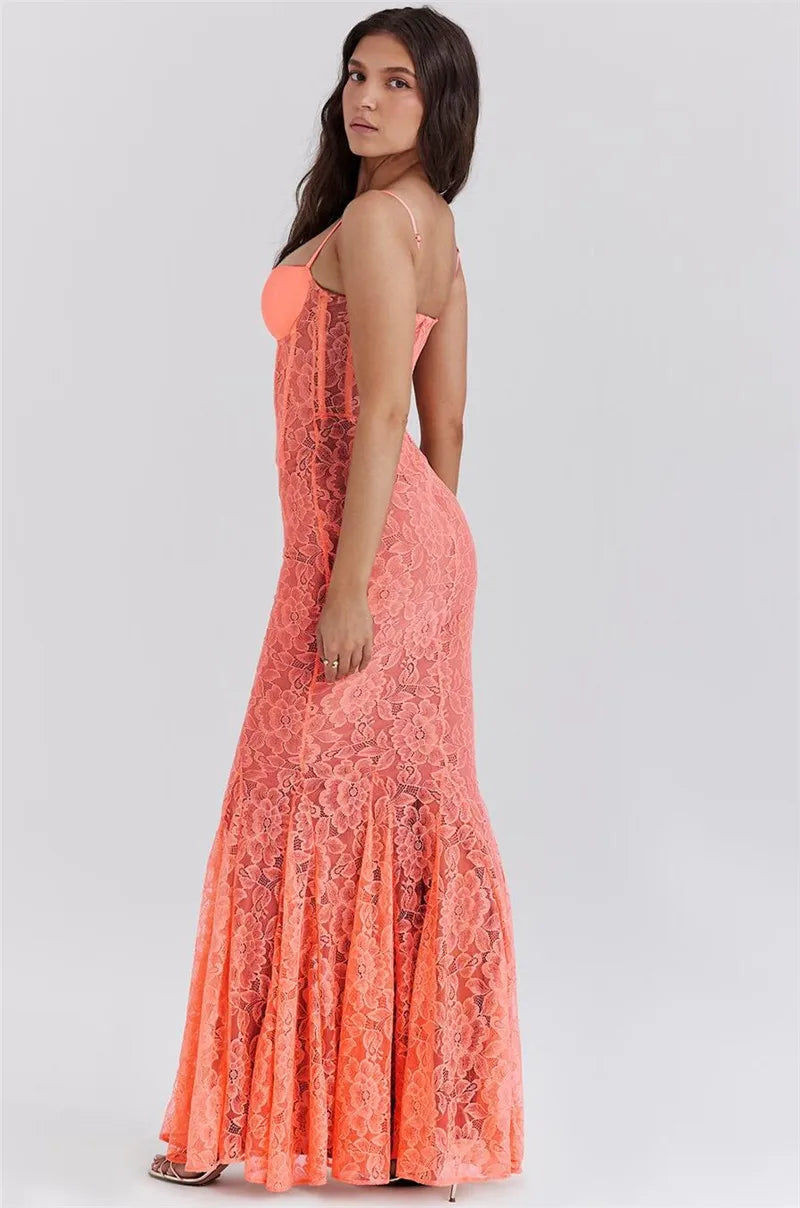 Floral Lace Maxi Dress For Orange Spaghetti Strap Sleeveless Backless Bodycon Long Dress
