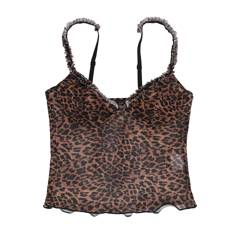 Leopard Print Camisole Mesh See Through Low-Neck Backless Ruffles Hem Street Tank Top