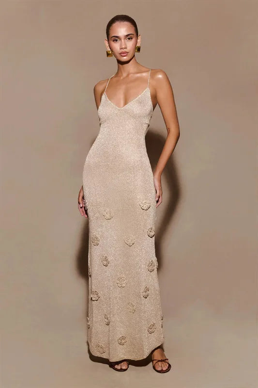 Knitted Backless 3D Flowers Dress Green Spaghetti Strap Long Dress