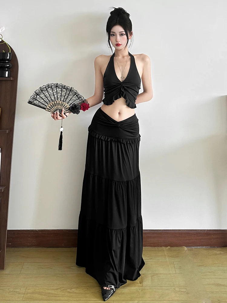 Two Piece Set Halter Backless Crop Camisole Waist Ruffles Long Skirt Ruched Street Suits