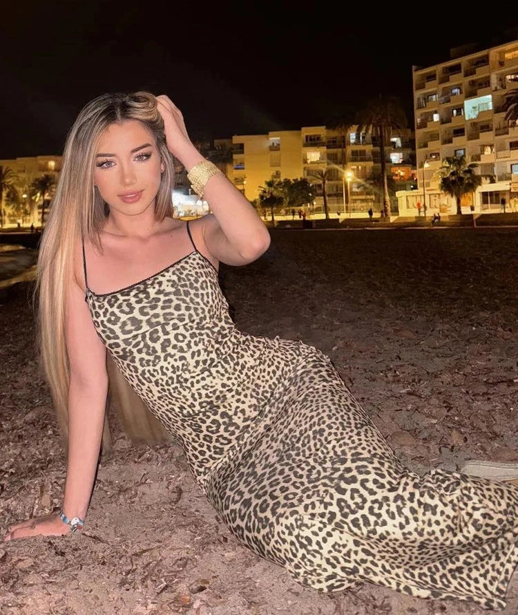 Leopard Slips Backless Bodycon Maxi Dress