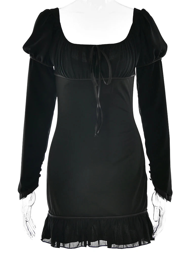 Square Collar Ruffles Chiffon Dress Long Sleeve Lace Up Dress