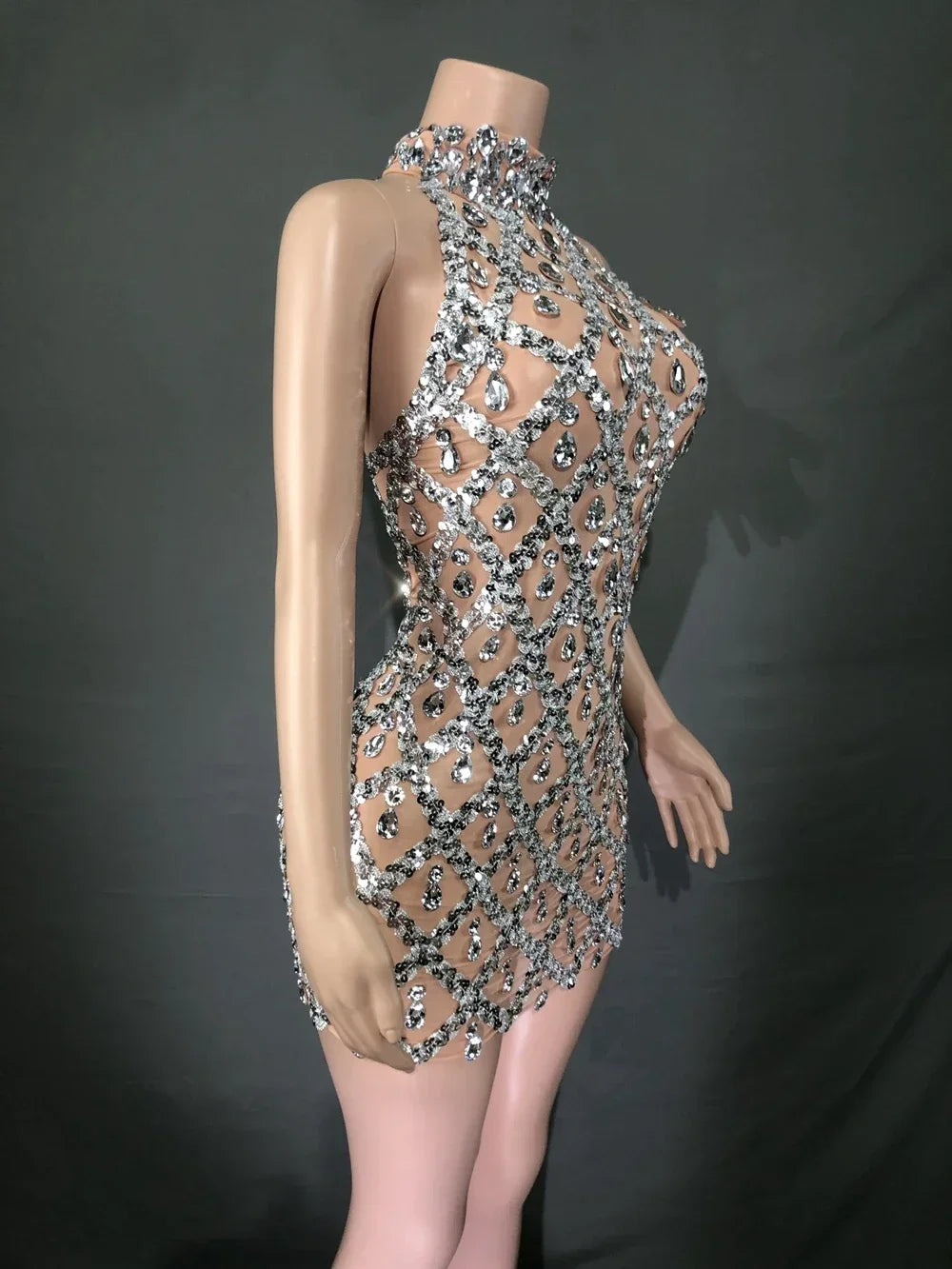 Sparkly Silver Sequins Crystals Short Dress Sleeveless Transparent Birthday Dress Singer Show Wear