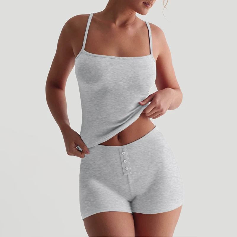 Tight Short Set Camiole Elatic Low-Wait Button Wrapp Hip Short Set