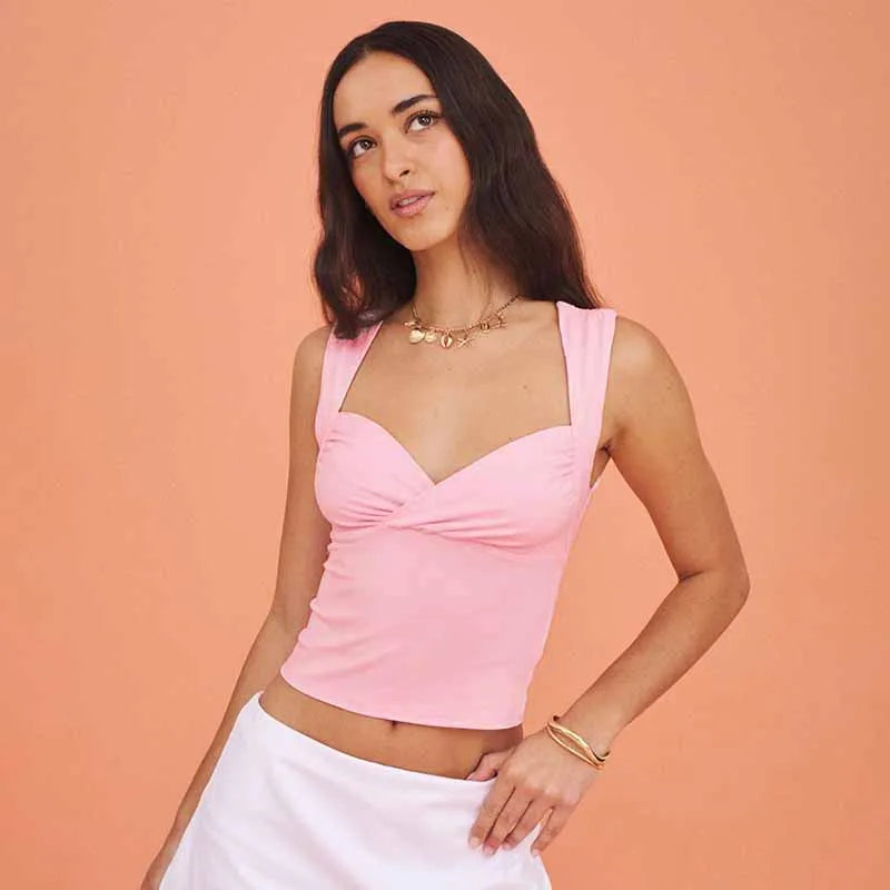 V-Neck Sleevele Pleat Short Slimming Navel Plunging Tank Top Caual Veratile