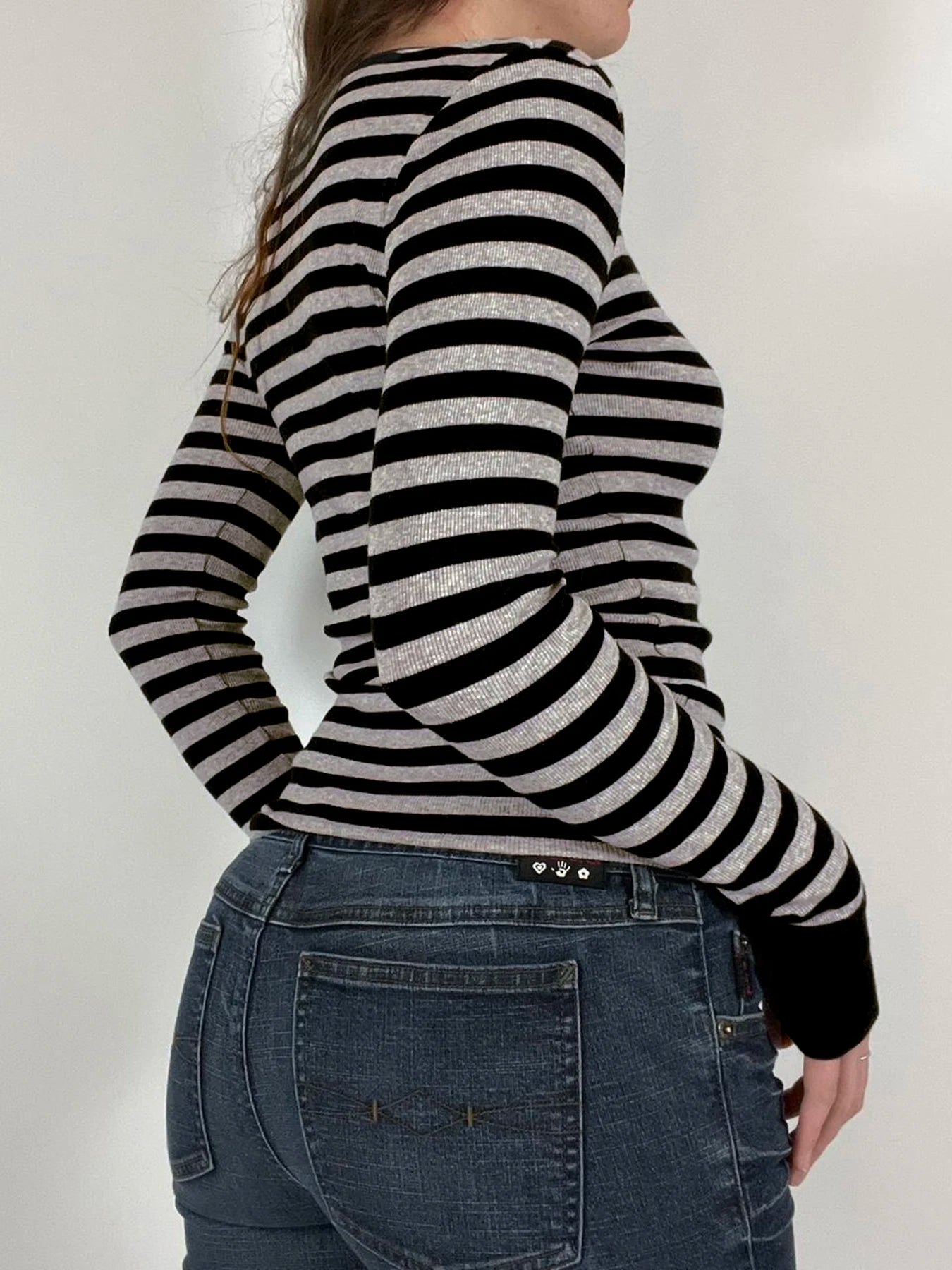 Striped Crewneck Top Tee Long Sleeves Slim