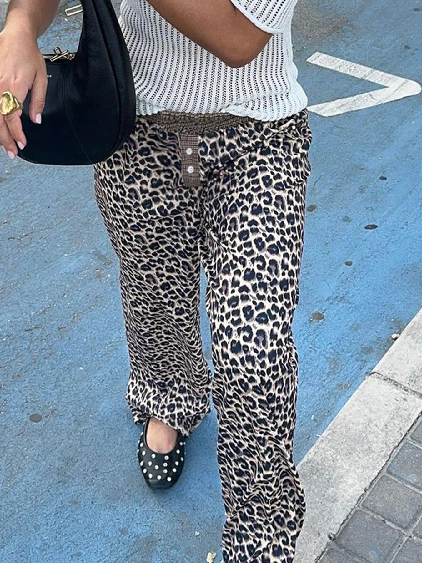 Leopard Patchwork Straight Pant Elatic Wait Trouer Baggy Bottom