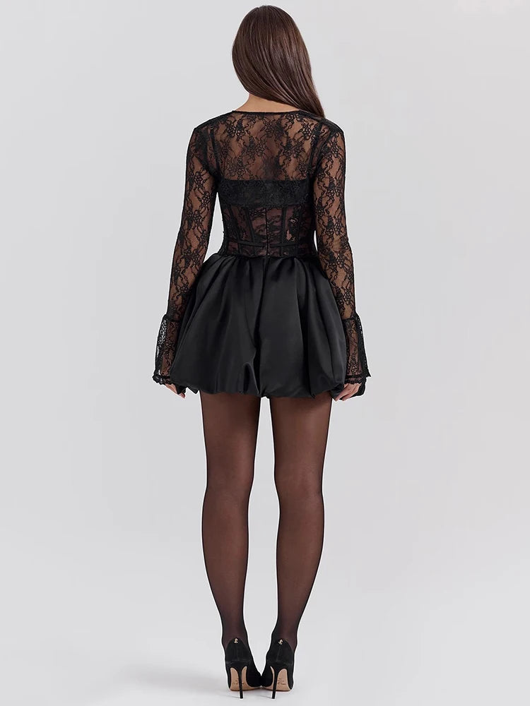 Black Lace Puffball Mini Dress Lace-up Sheer Long Flare Sleeve High Waist Dress