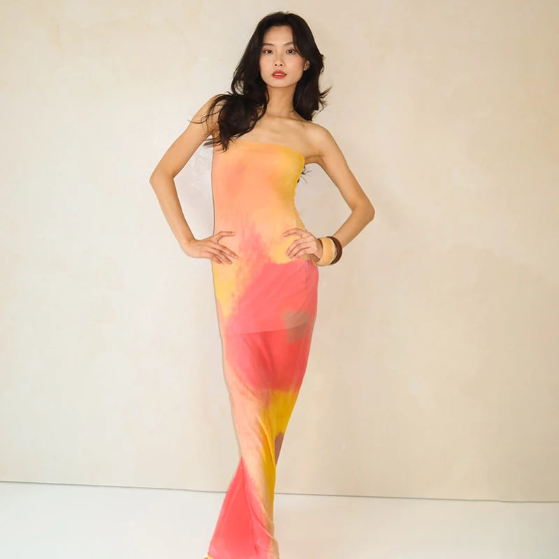 'S Color Collision Patchwork Strapless Waisted Package Hip See-Through Print Dress