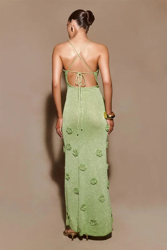Knitted Backless 3D Flowers Dress Green Spaghetti Strap Long Dress
