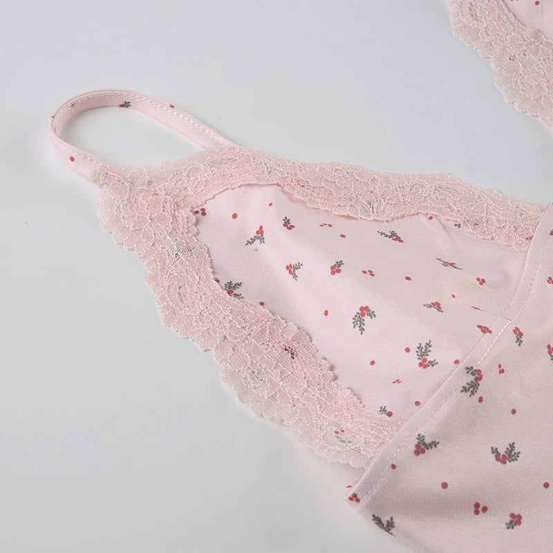 Floral Lace Patchwork Two-piece Set Pink Sleeveless Camisoles and Slim Shorts