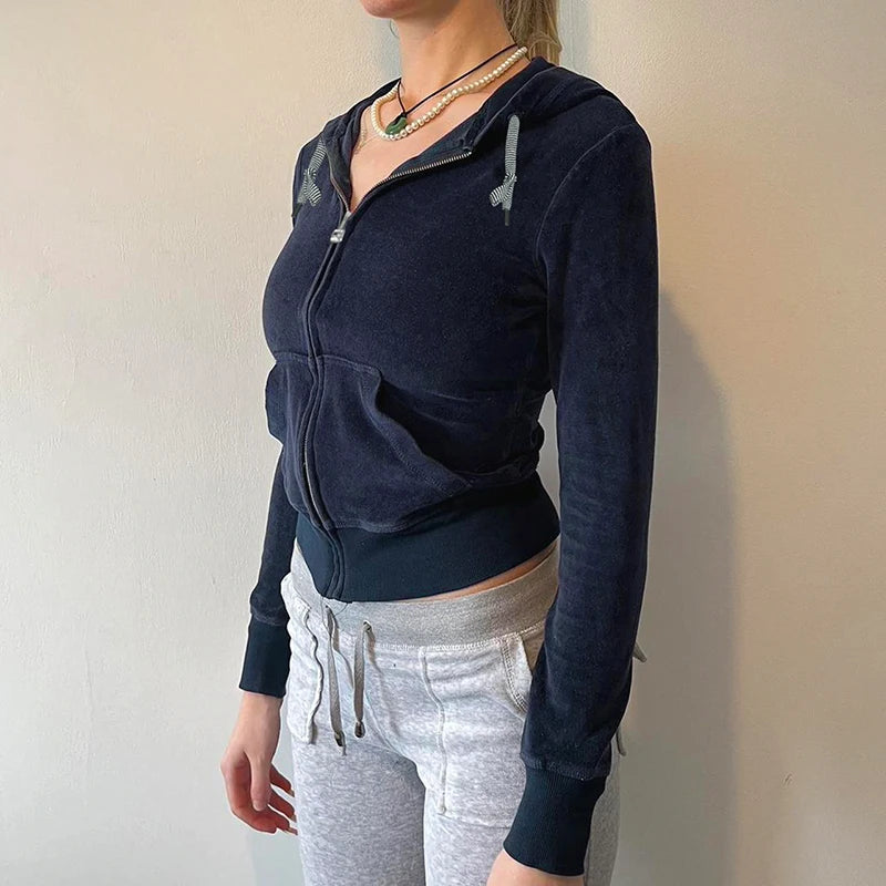 Velvet Jacket Zip Up Front-pocket Hood Coat Overcoat