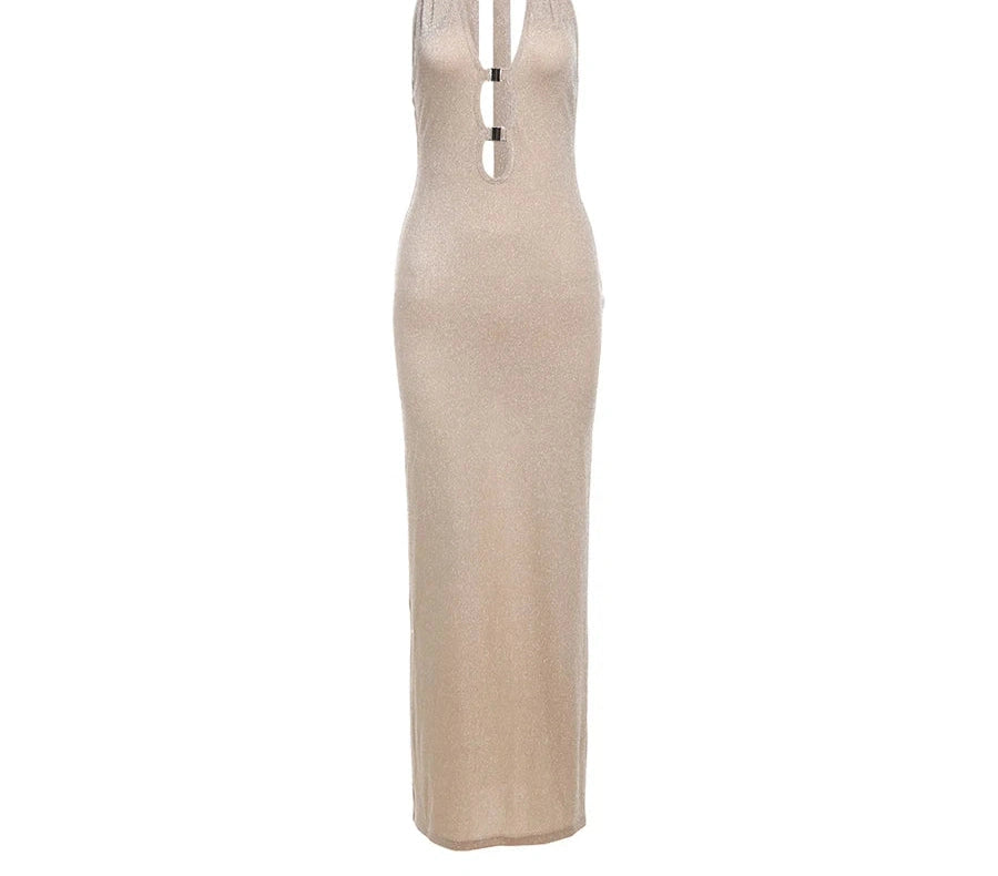 Bright Silk Halter Dress Stretch Sleeveless Solid Maxi Bodycon