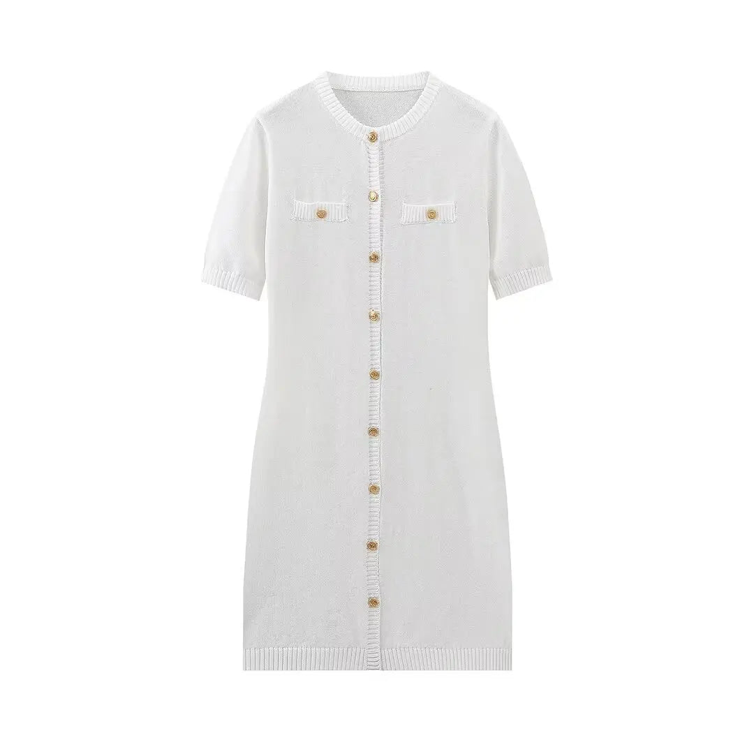 White Knit Mini Dress Short Sleeve Patchwork Pocket Loose Dress Knit Mini Dress
