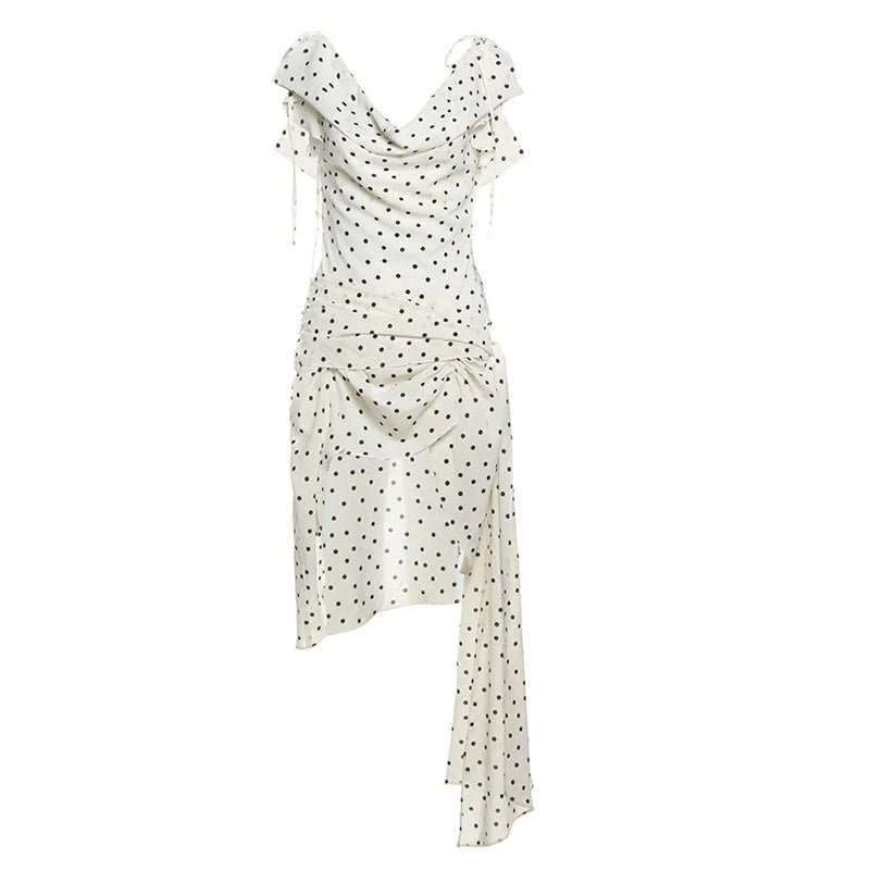Polka Dot Print Dress Swing Collar Irregular Hem Ruffles Sleeveless Backlesssee Through Skinny Street Mini Bodycon
