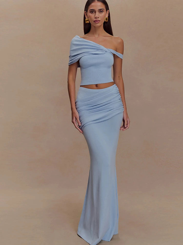 2 Piece Set Irregular Skew Collar Backless Crop Top Ruched Skirts Suit