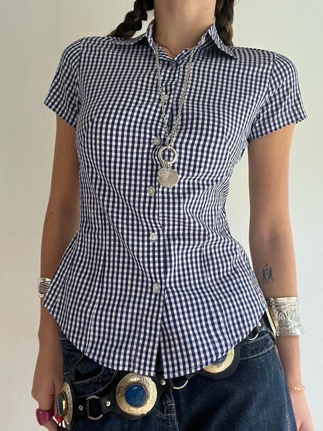 Plaid Bloue Button Up Short Sleeve Tuurn-down Neck Top
