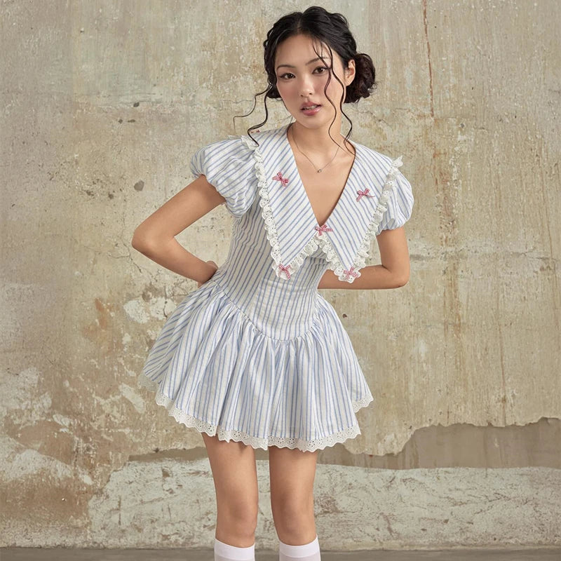 Blue Stripe Puff Sleeve A line Mini Dress