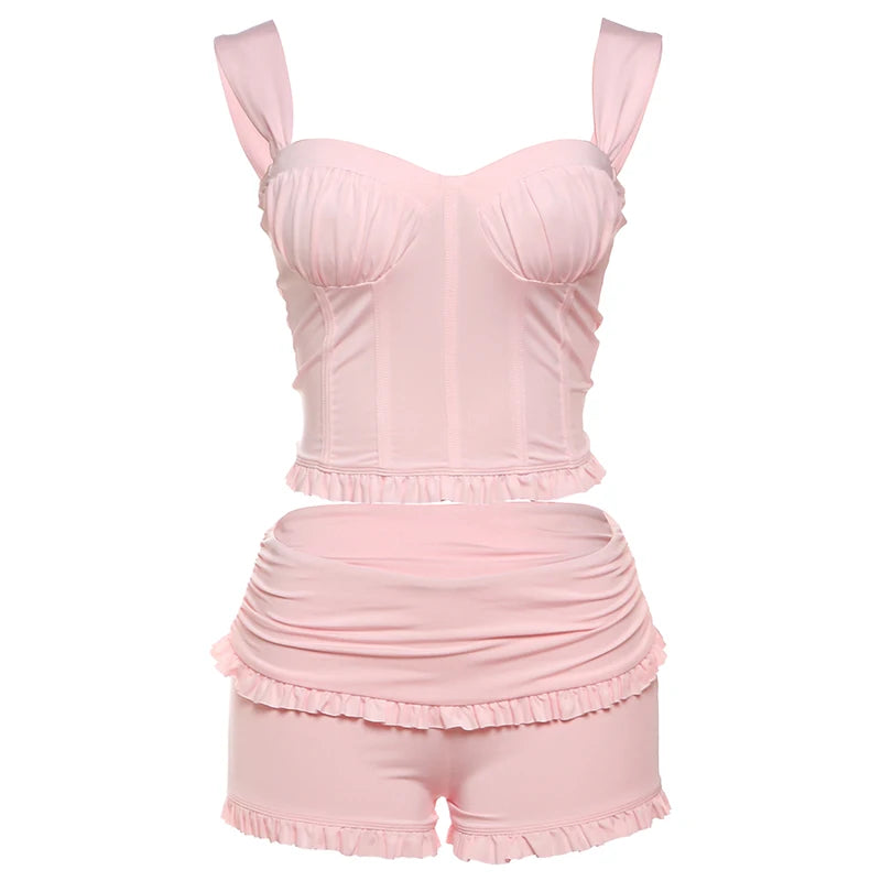 Classic 2 Piece Set Ruched Square Collar Sleeveless Crop Top Ruffles Shorts Fit Suits