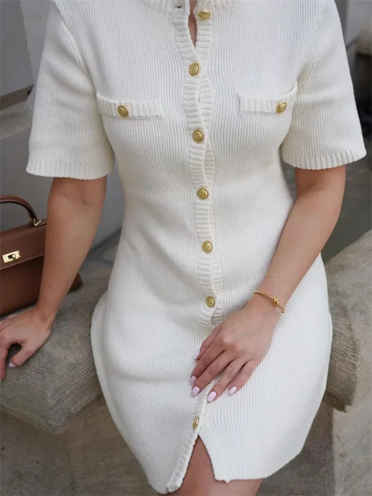 White Knit Mini Dress Short Sleeve Patchwork Pocket Loose Dress Knit Mini Dress