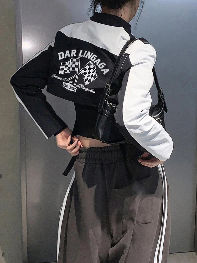 Moto Biker Crop Jackets Zip Up Patchwork Coats