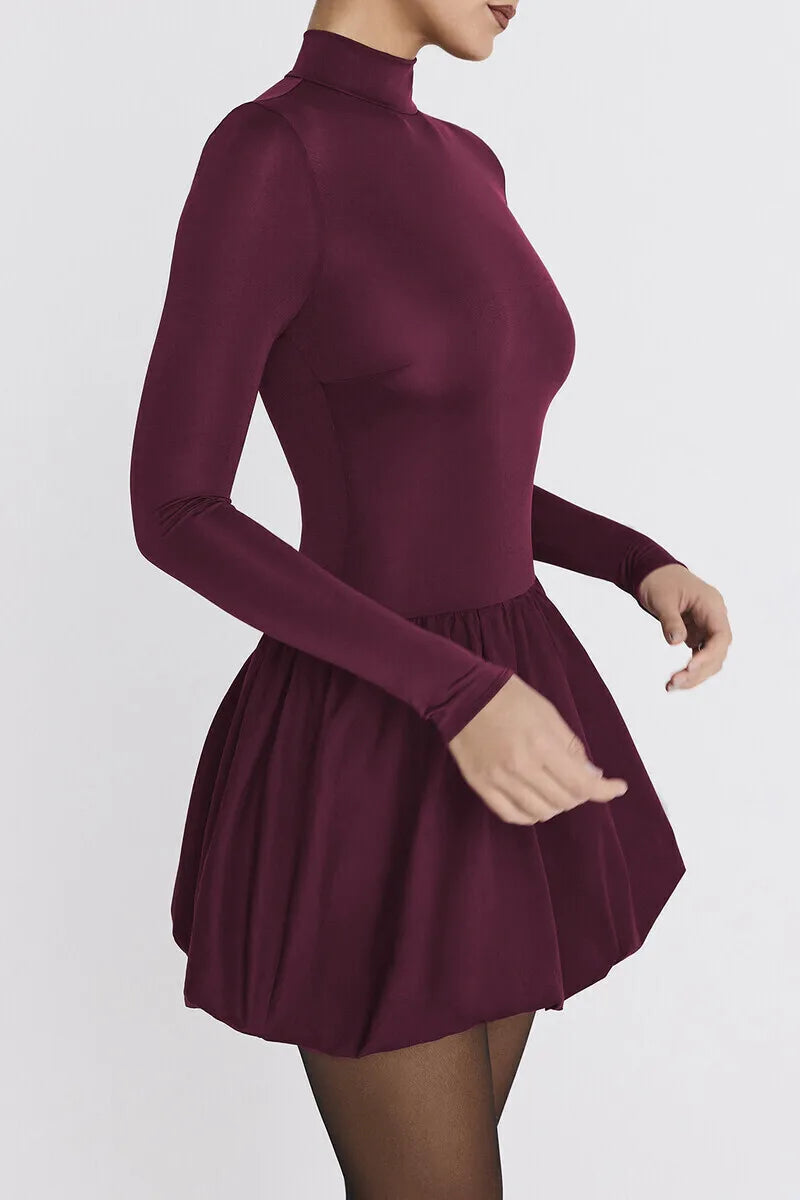 Patchwork Turtleneck Long Sleeve Mini Dress Burgundy High Waist A-line Dress Slim Street