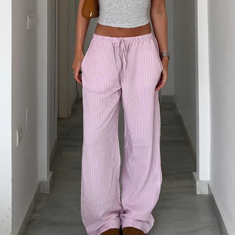 Striped Print Loose Trousers Lace-up Joggers Baggy Pants Bottoms