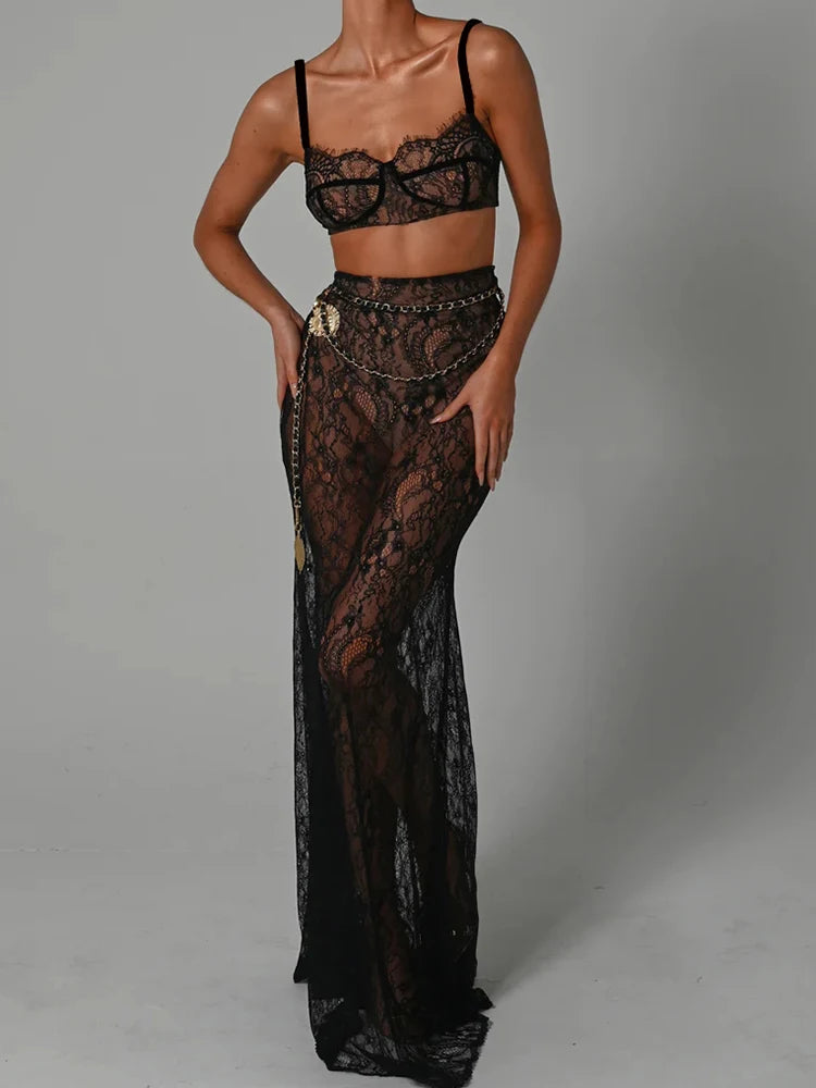 See Through Lace Chain Skirt Suit White Spaghetti Strap Crop Top Print Floral Skirt Two Piece Sets