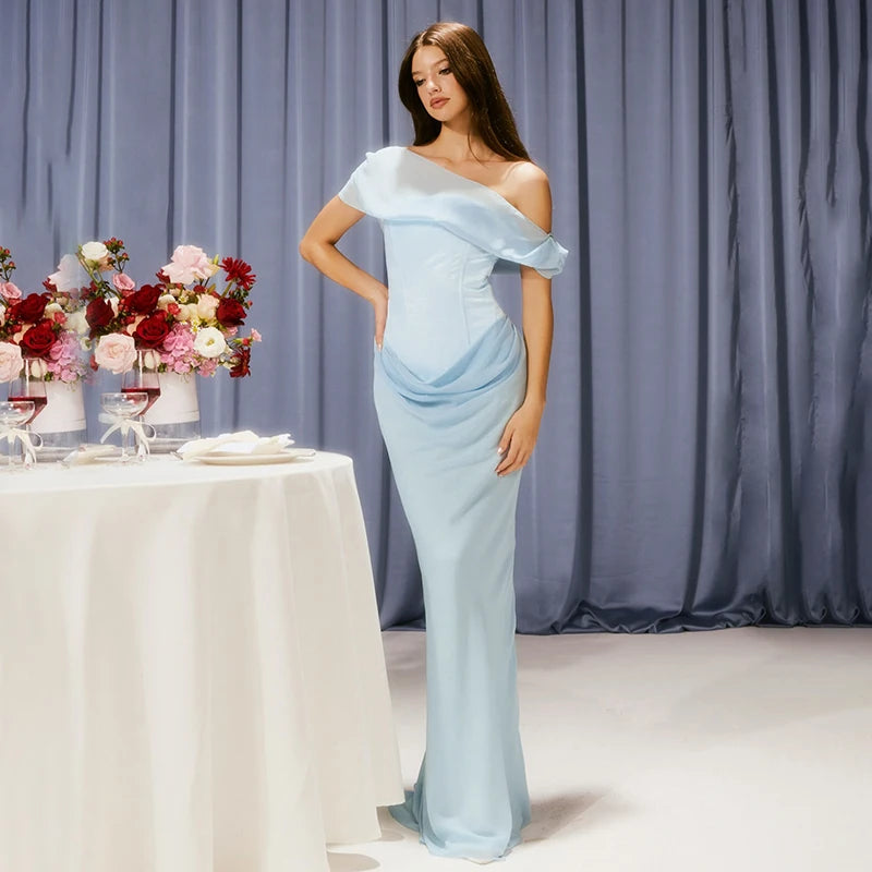 'S Diagonal Collar Sleeveless Strapless Mesh Patchwork See-Through Fishtail Evening Dress