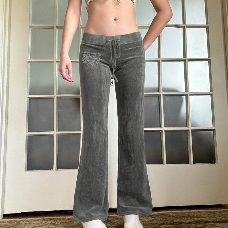 Retro Rhinestone Flare Pants Lace-up Bottoms 's Pants