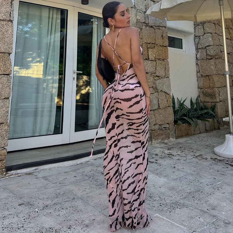 Mesh Zebra Backless Lace Up See Through Maxi Dress